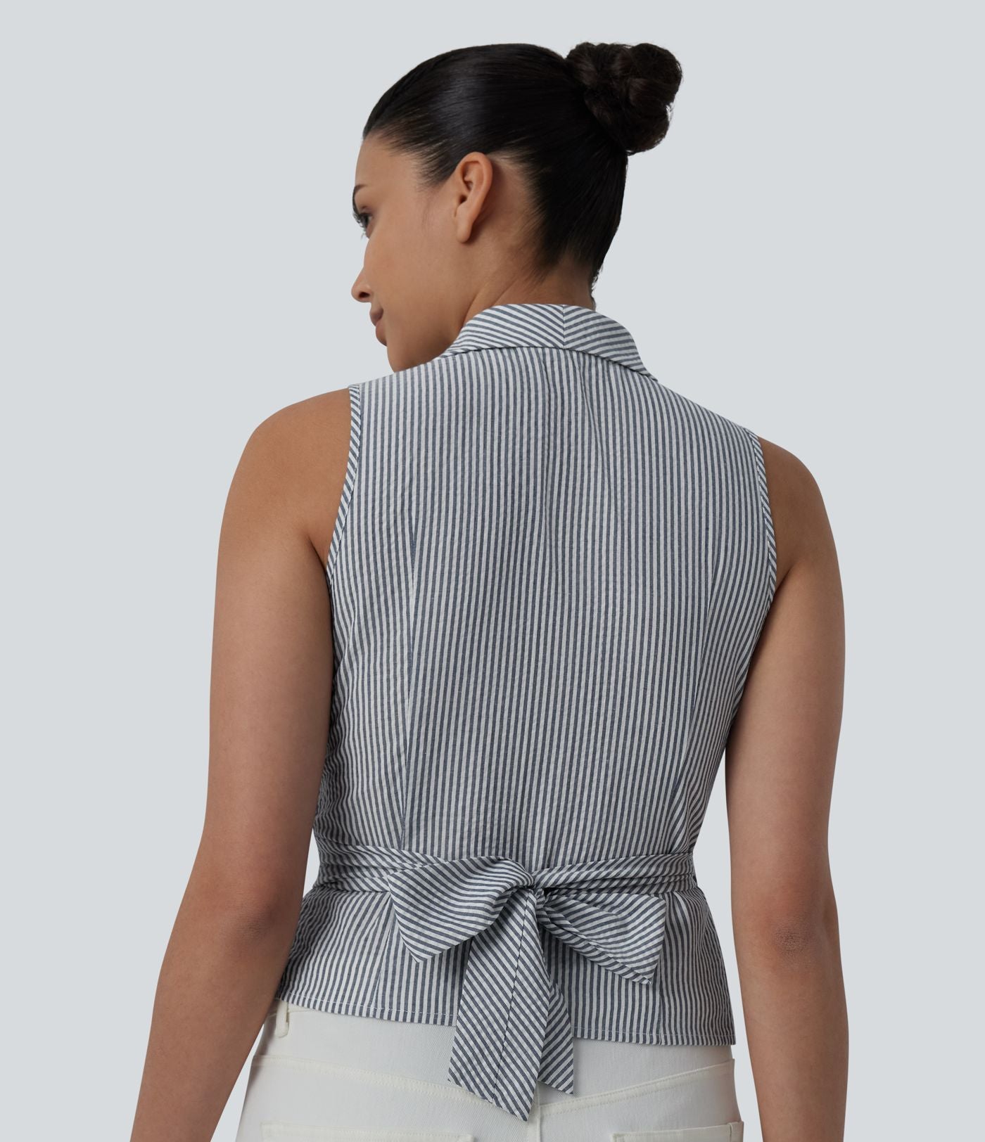 Chemise décontractée à rayures, col V, sans manches, dos noué
