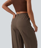 Pantalon casual ample taille haute aspect lin à cordon de serrage avec poches