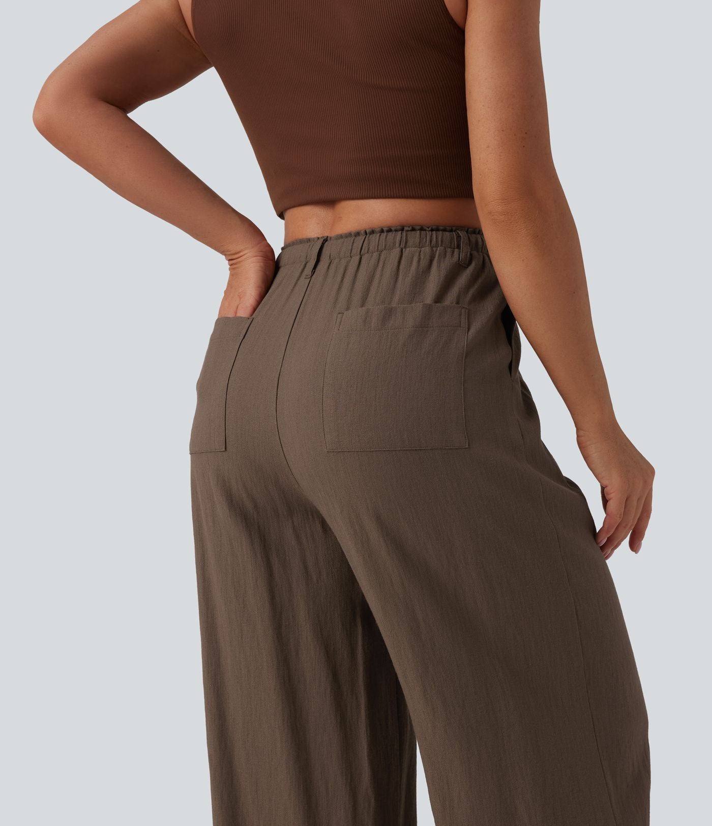 Pantalon casual ample taille haute aspect lin à cordon de serrage avec poches