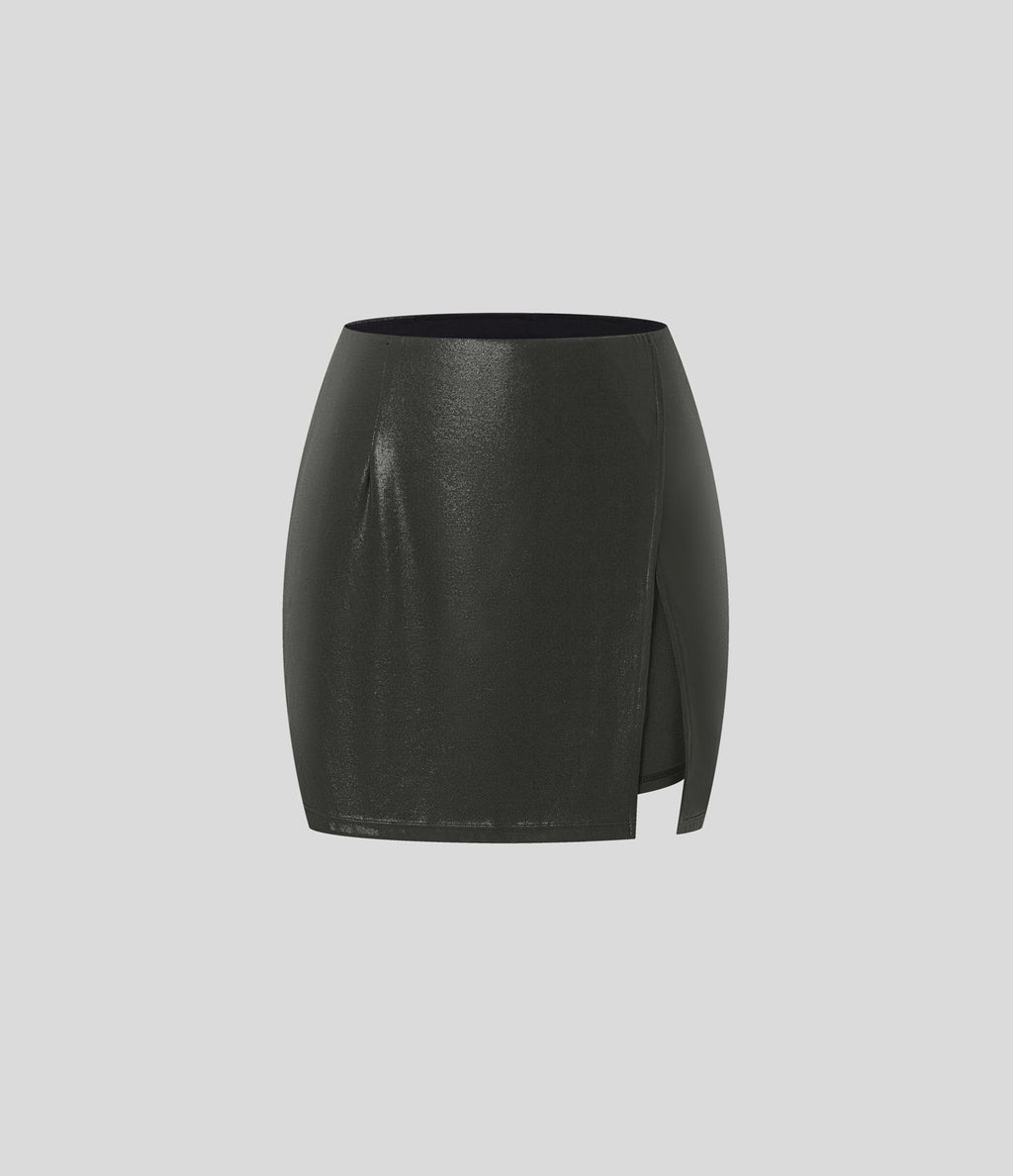 Mini-jupe moulante 2-en-1 SoftlyZero™ taille haute en simili, ourlet, effet sparkle métalisé, extensible avec poches