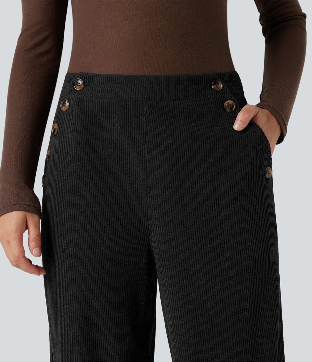Pantalon décontracté droit en velours côtelé, taille haute, avec poches