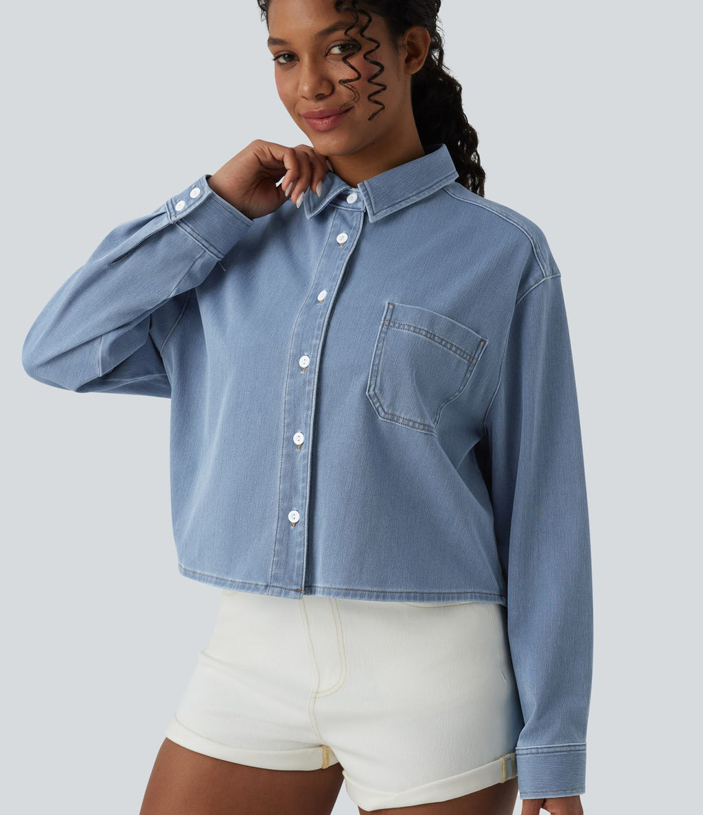 Halara Flex™ Chemise en denim col classique manches longues avec poche