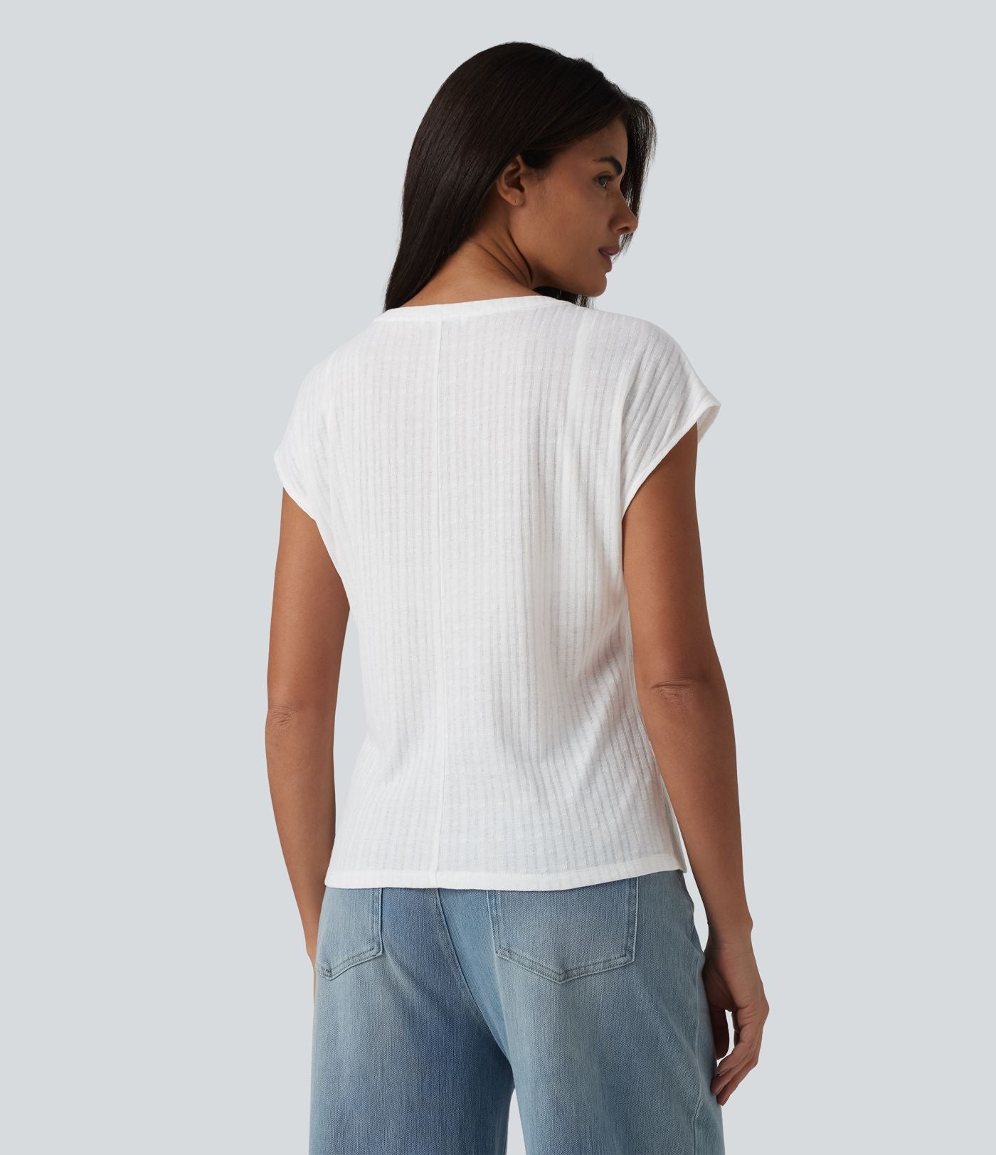 T-shirt casual jacquard col V à manches courtes