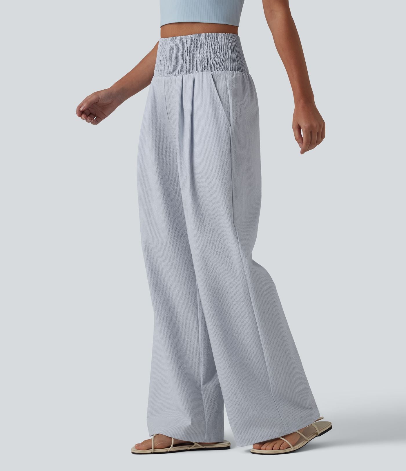 Pantalon large taille haute en tissu froissé froncé séchage rapide avec poches