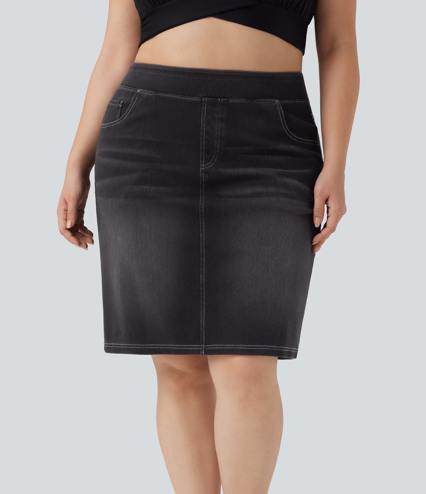 Jupe décontractée en denim délavé Halara Flex™ grande taille taille haute avec poches