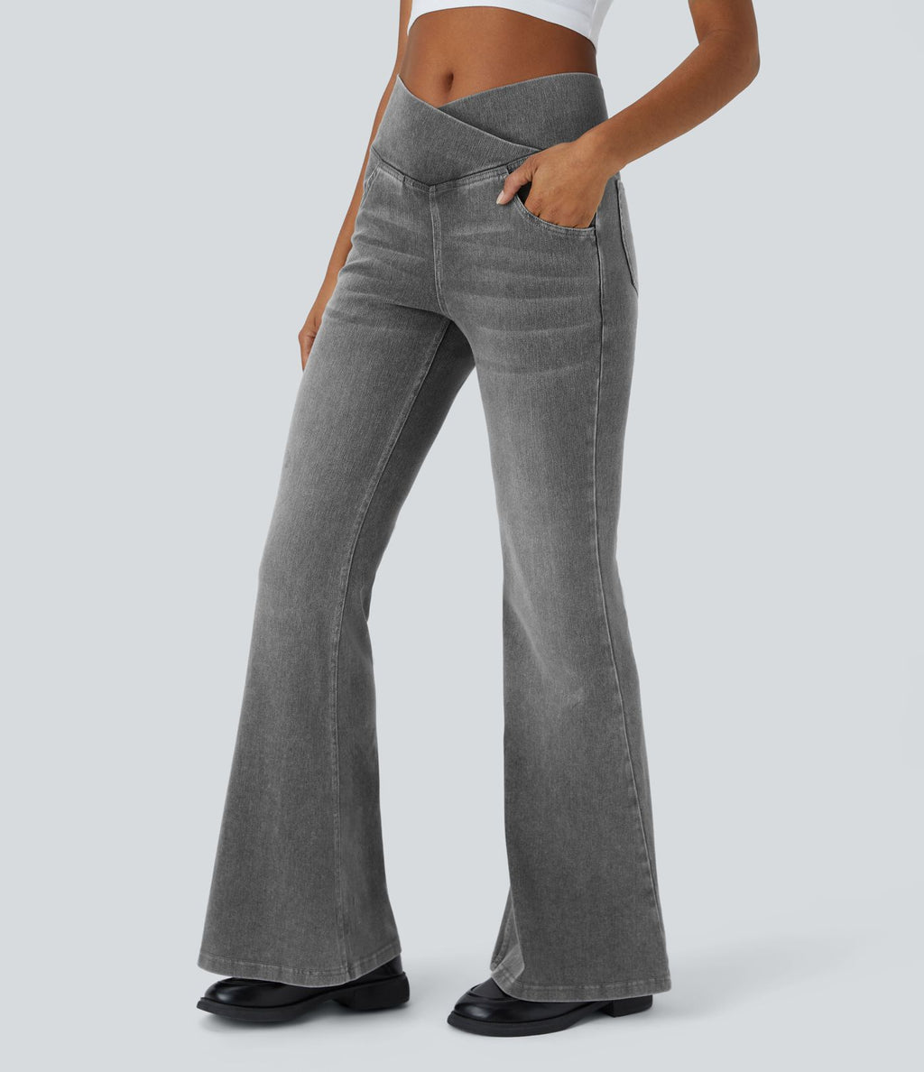 Halara Flex™ Jean Évasé à Taille Haute avec Poche Crossover Tissu Élastique Lavé
