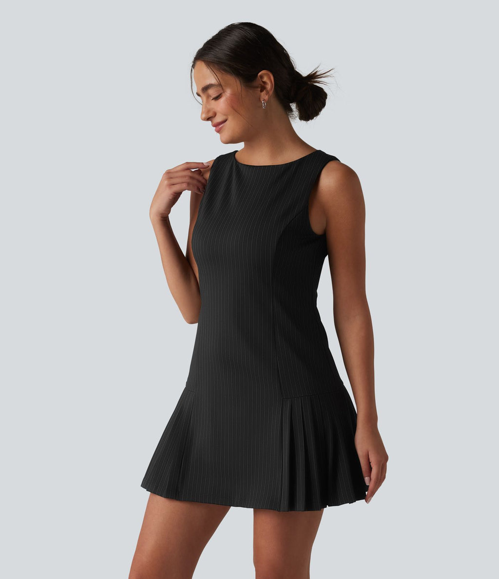 Robe mini habillée col bateau sans manches à rayures et détails plissés