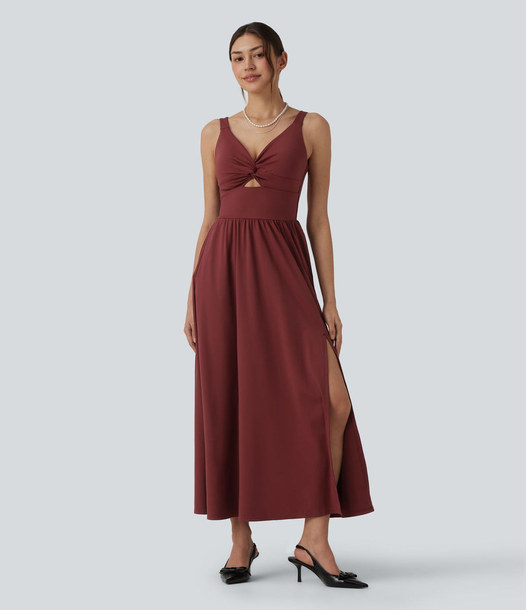 Robe de soirée mi-longue SoftlyZero™ Airy col V sans manches torsadée avec fente, coques fixes et effet frais InstantCool avec poches
