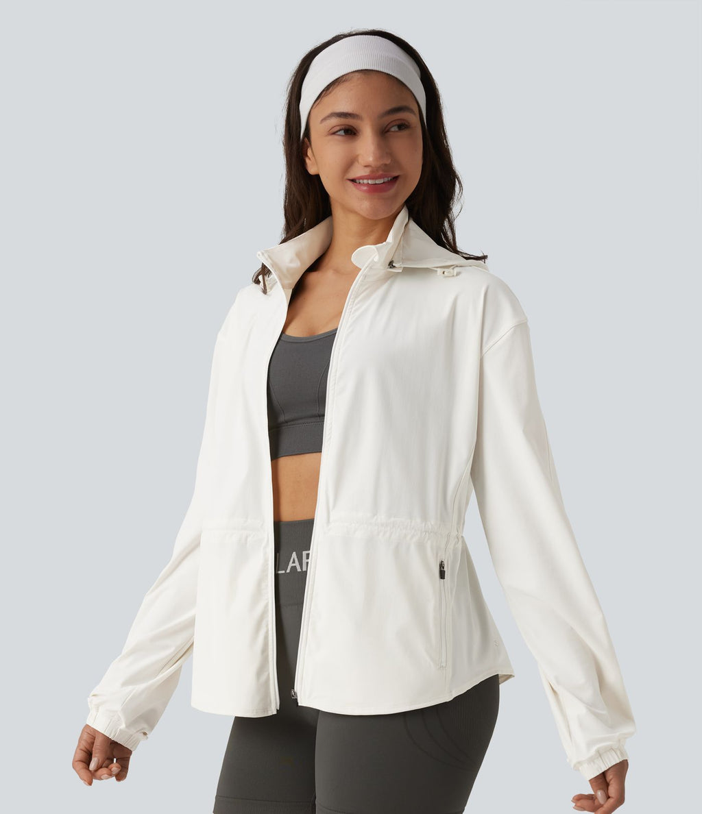 Veste de sport déperlante à capuche amovible avec cordon de serrage et poches zippées