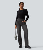 Jean décontracté Halara Flex™ taille haute, extensible, délavé, jambes droites avec poches multiples
