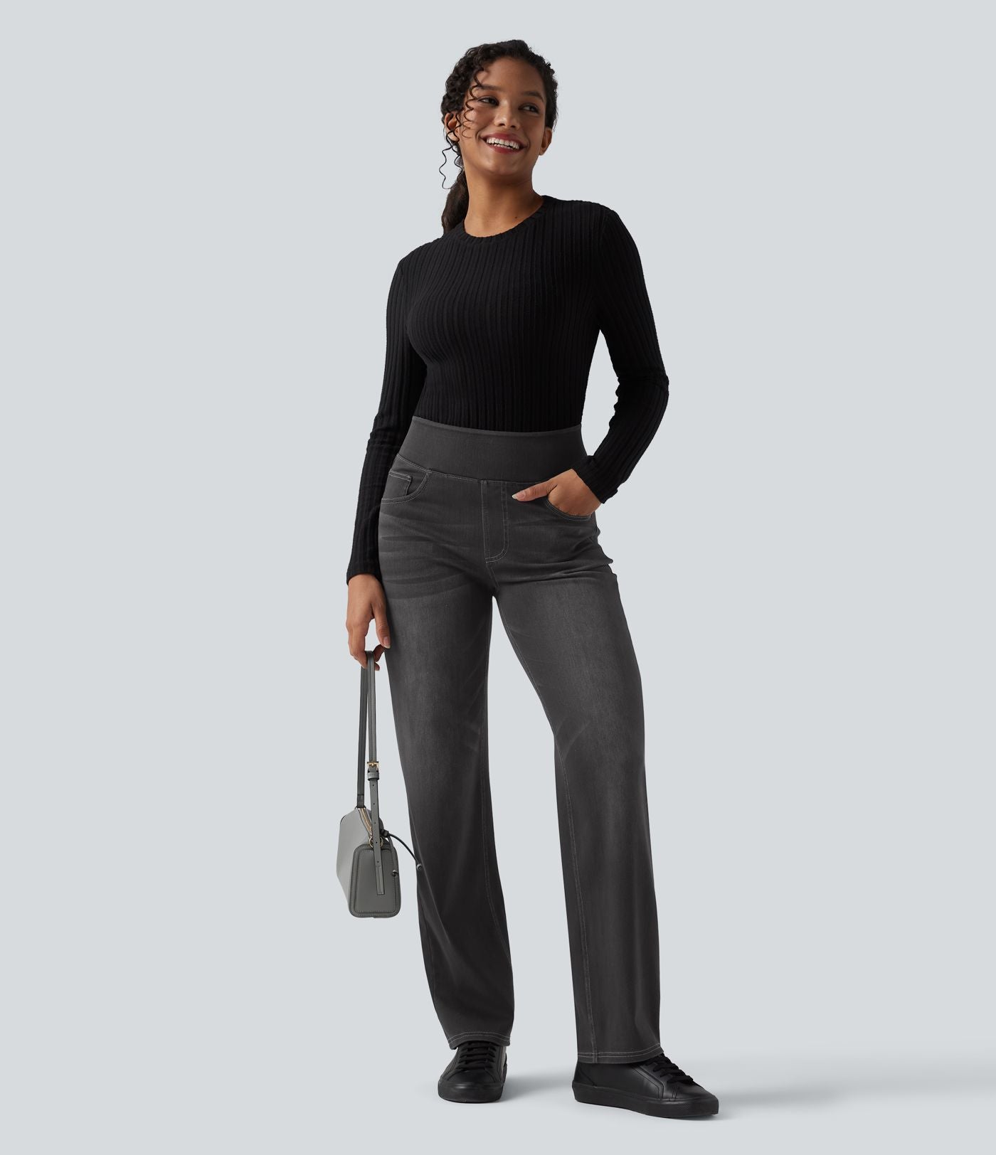 Jean décontracté Halara Flex™ taille haute, extensible, délavé, jambes droites avec poches multiples