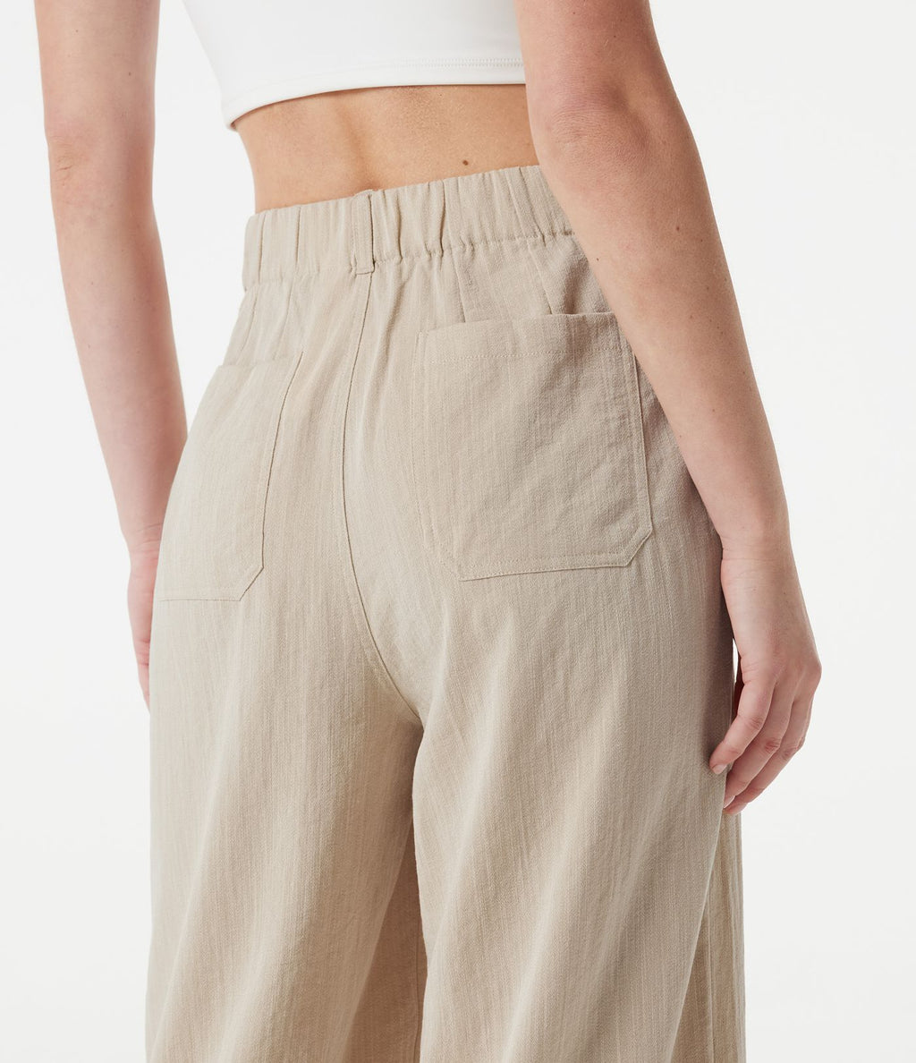 Pantalon large casual taille haute toucher lin avec poches