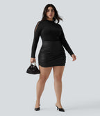 Jupe mini moulante grande taille 2-en-1 en molleton et tissu enduit taille haute gainante avec fronces et ourlet arrondi