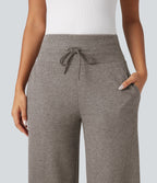 Pantalon jogging large décontracté côtelé gainant taille haute avec cordon de serrage et poches