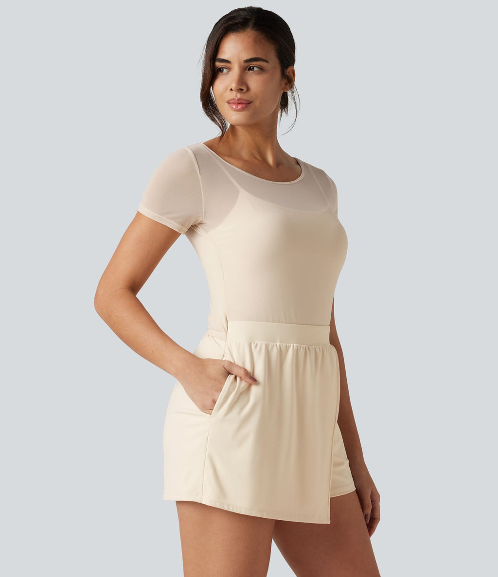 Combishort de soirée SoftlyZero™ Plush à encolure bateau avec coussinets amovibles, mesh contrasté et poches, accès facile Easy Peasy