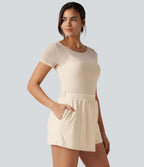 Combishort de soirée SoftlyZero™ Plush à encolure bateau avec coussinets amovibles, mesh contrasté et poches, accès facile Easy Peasy