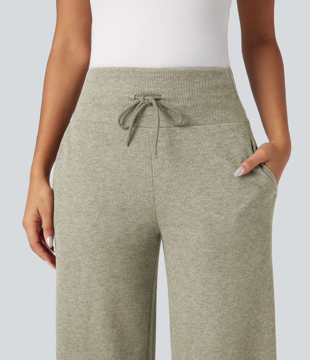 Pantalon jogging large décontracté côtelé gainant taille haute avec cordon de serrage et poches