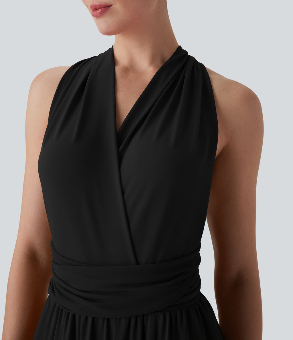 Robe longue de soirée col V, manches courtes, dos croisé à nouer, fendue avec poche latérale