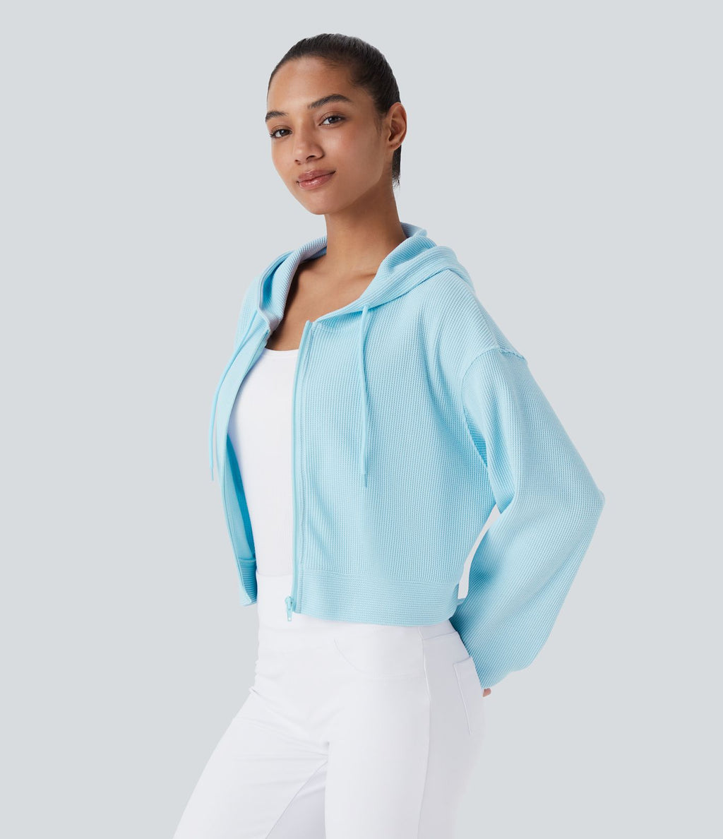 Sweatshirt en Coton Casual à Manches Longues avec Cordon de Serrage et Zipper Style Waffle