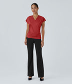 Blouse Travail Unie Froncée Croisée Manches Courtes Col en V