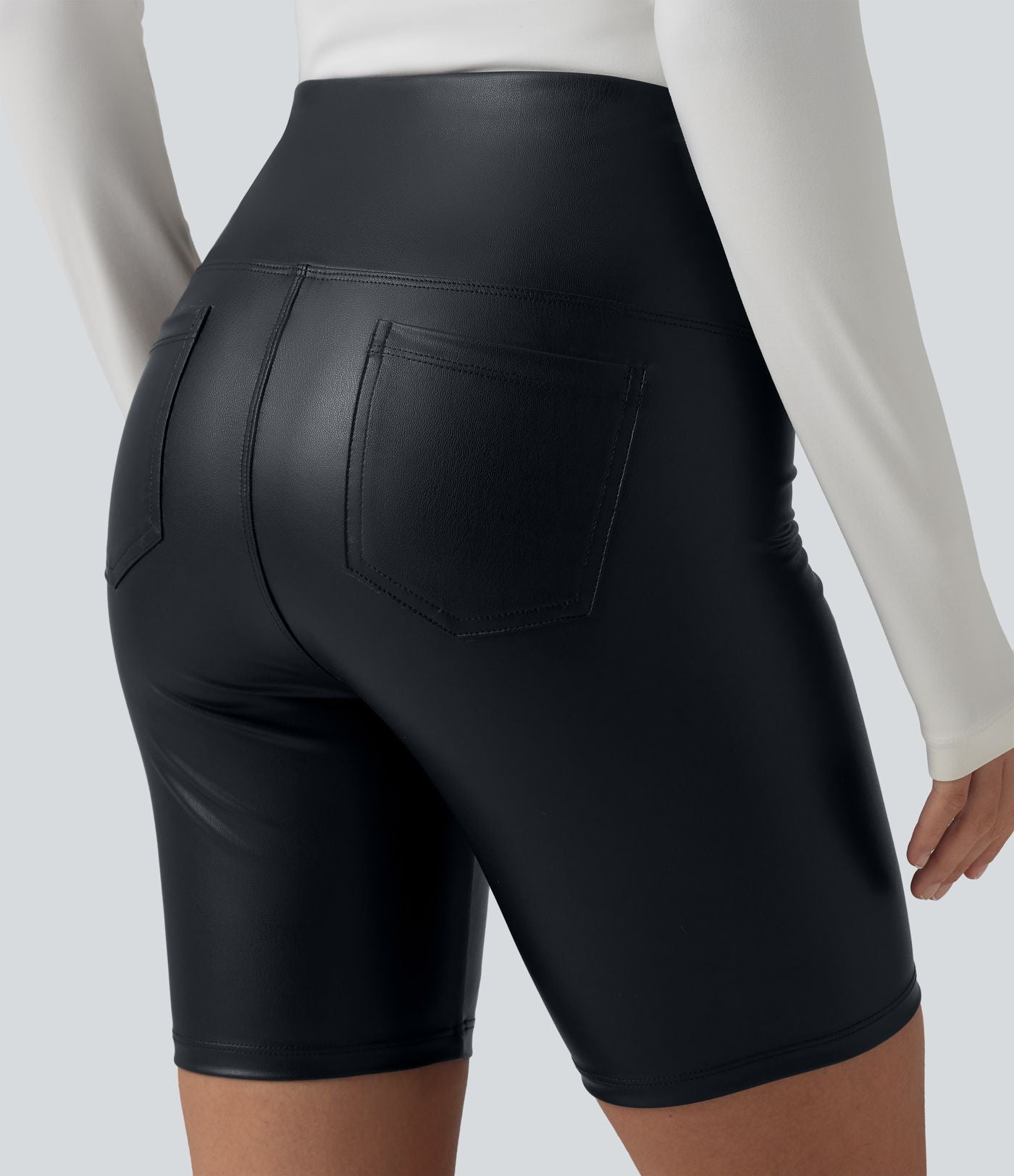 Short de cycliste casual en PU stretch gainant taille haute 17,5 cm avec poches