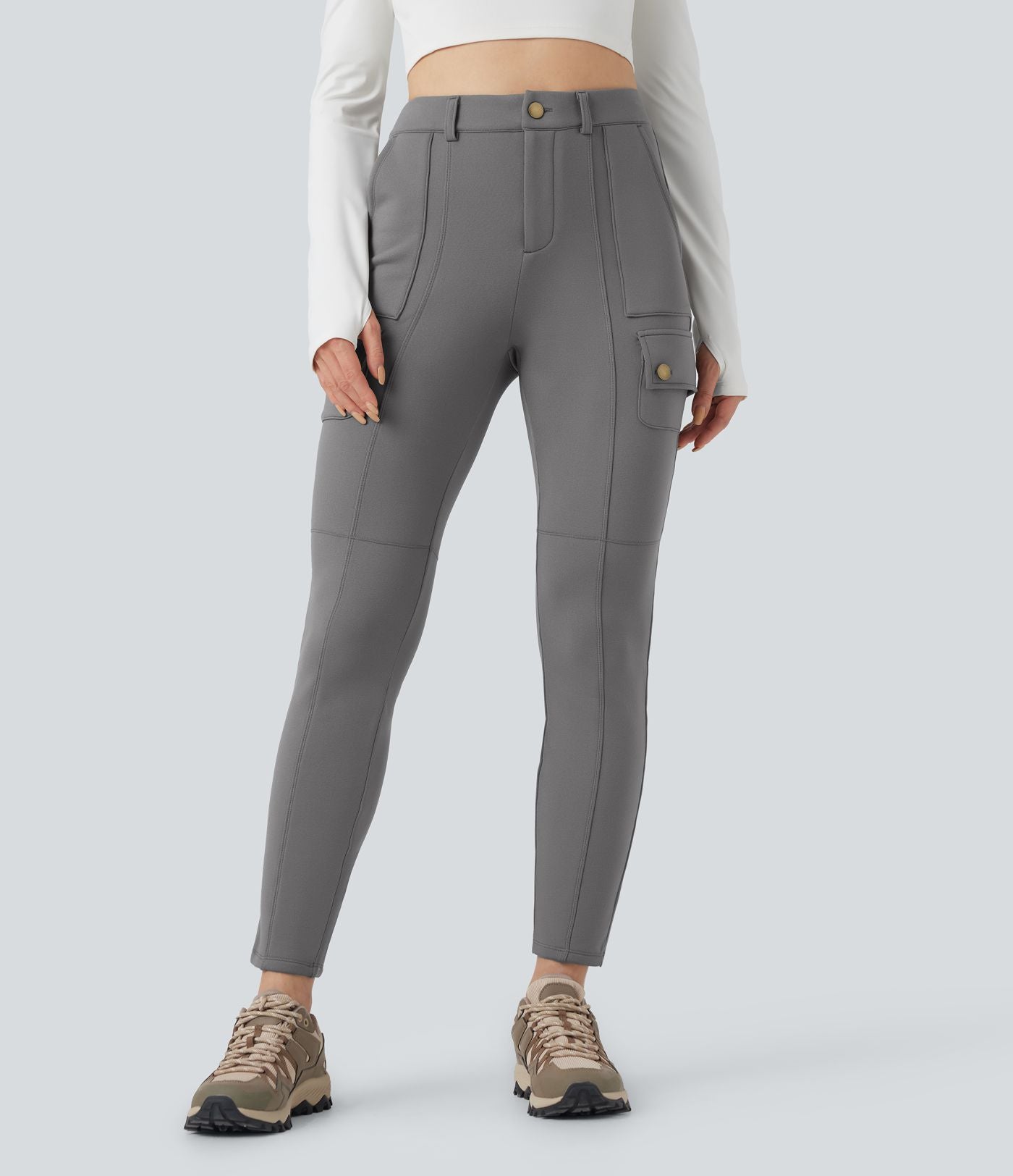 Pantalon cargo de randonnée ajusté polaire taille haute avec poches