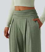Pantalon de yoga chiné froncé taille haute avec poches