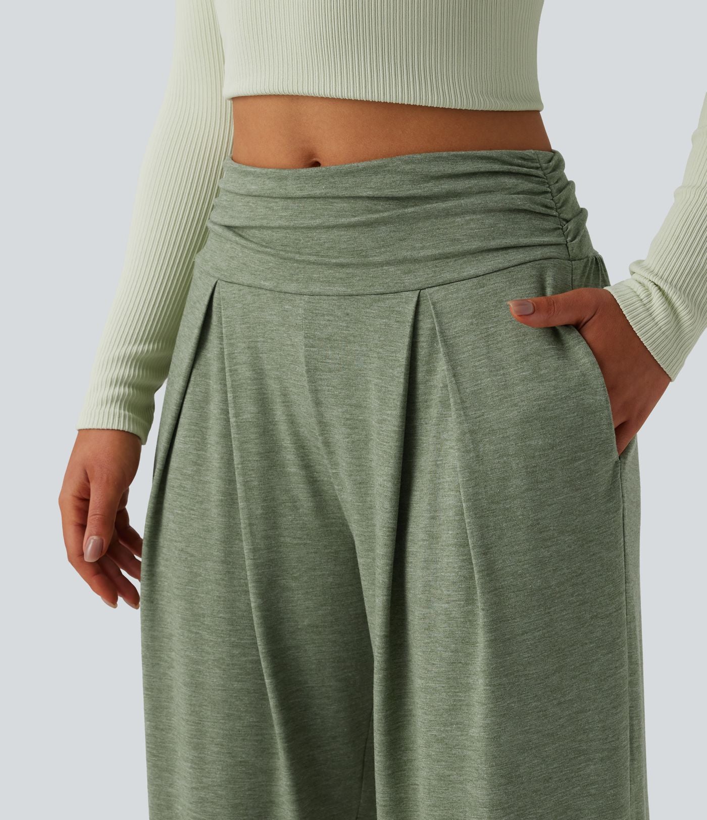 Pantalon de yoga chiné froncé taille haute avec poches