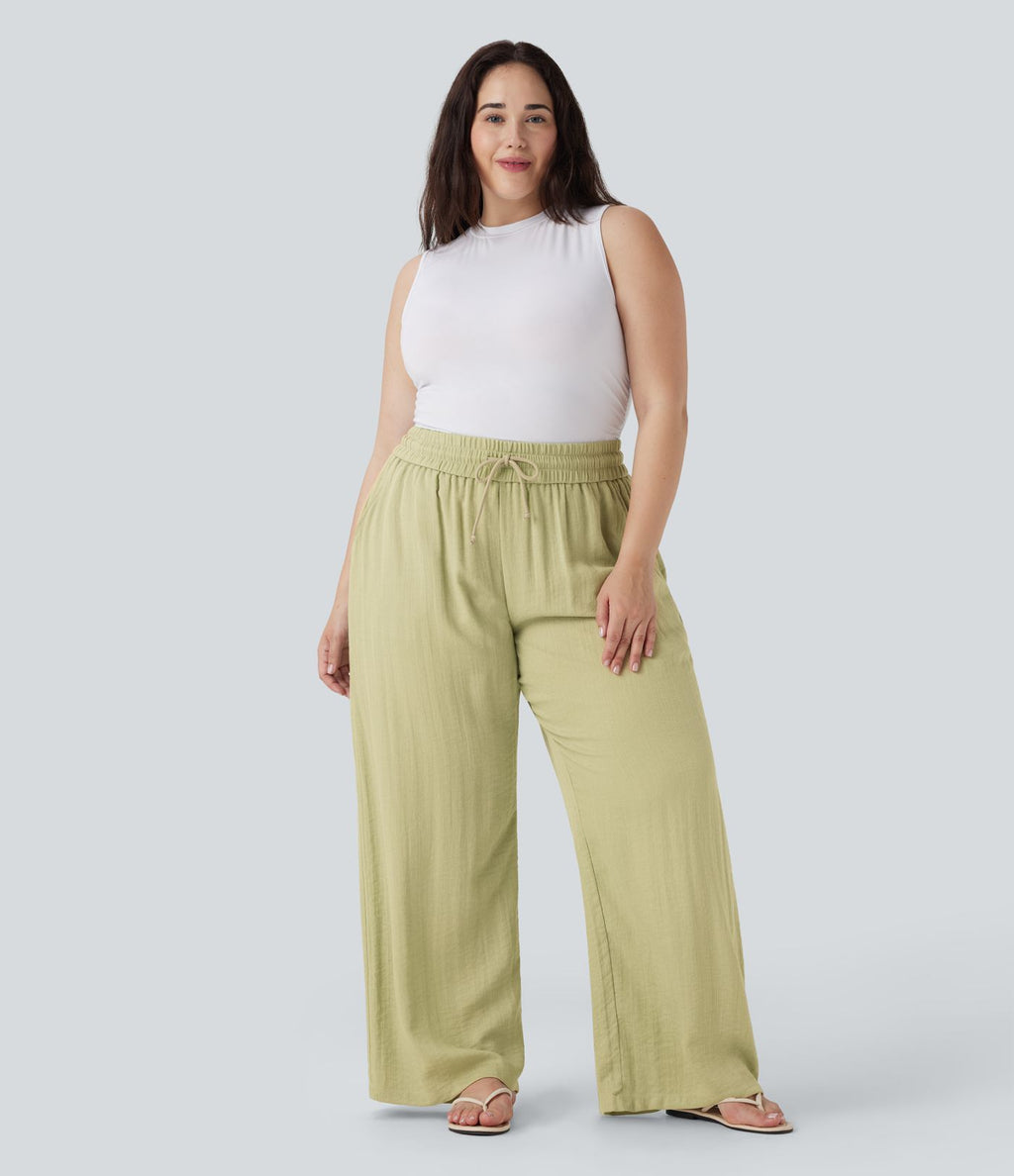 Pantalon décontracté grande taille large fluide taille haute effet lin avec cordon de serrage et poches