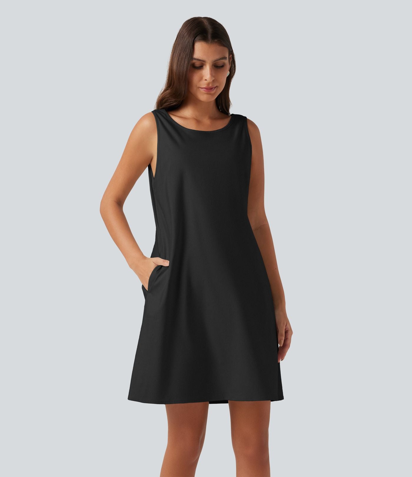 Robe mini sans manches en coton et lin à col rond avec poches
