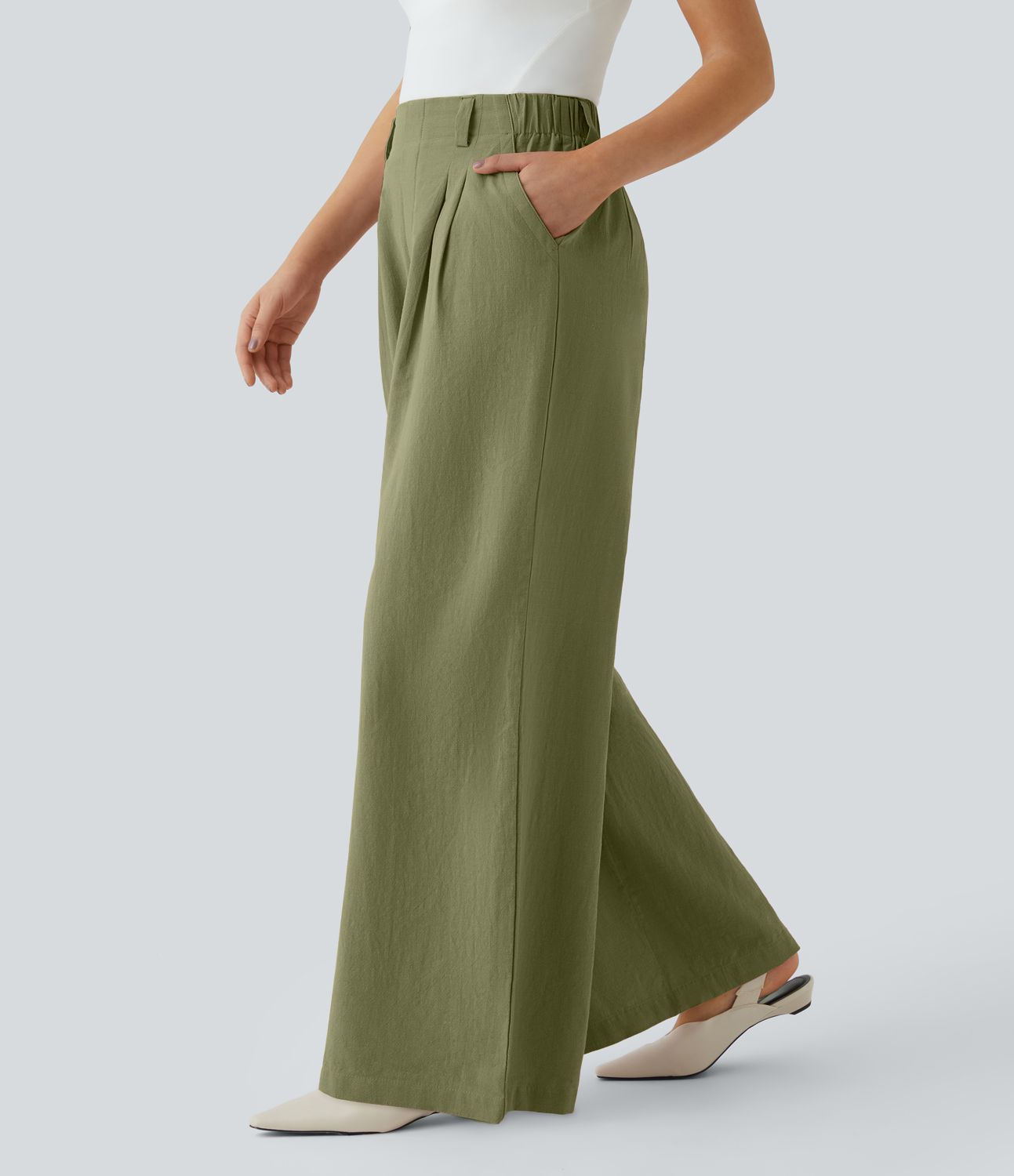 Pantalon Fluide Large Taille Haute Poches Latérales Palazzo Solide Casual Linen-Feel