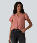 Blouse casual col V à manches volantées et ourlet arrondi