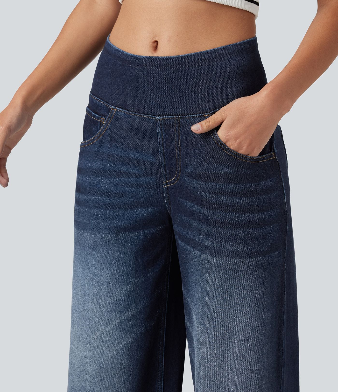 Halara Flex™ Jean large casual baggy taille mi-haute en lyocell drapé effet délavé, avec poches