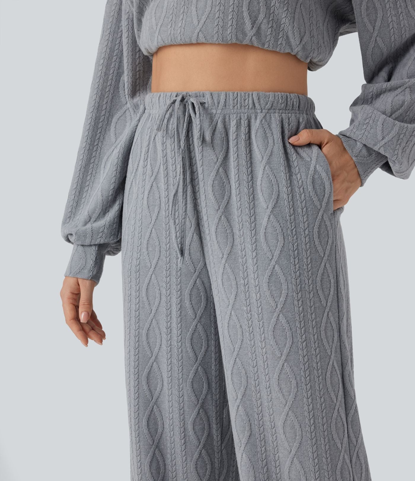 Pantalon décontracté taille haute maille torsadée avec cordon de serrage et poches