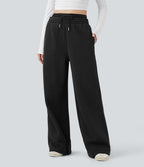 Pantalon jogging en coton molleton large taille haute avec cordon et poches