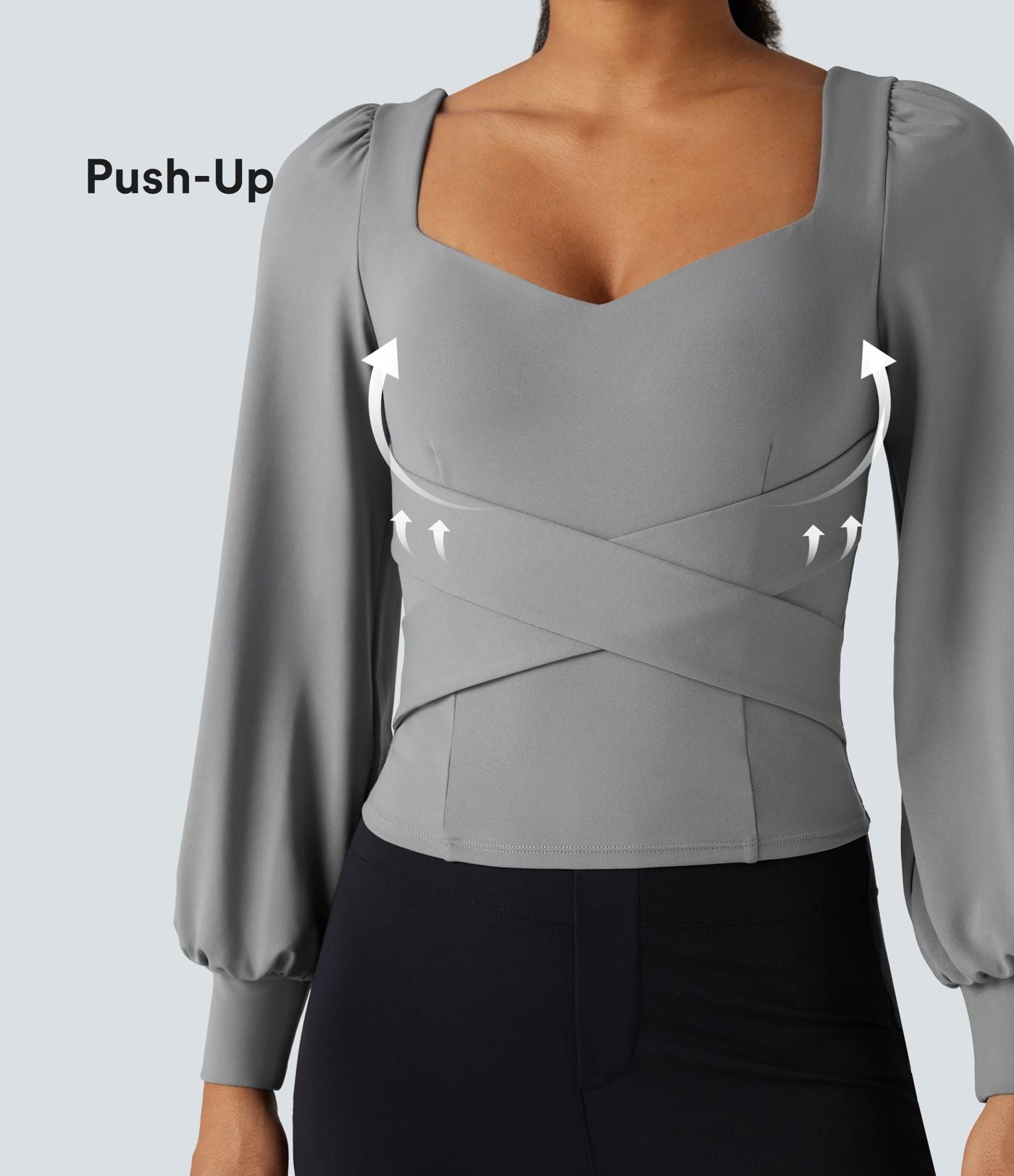 Top professionnel push-up croisé à col cœur avec bonnets moulés et manches bouffantes - Bonnet A/B