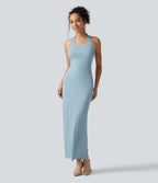 Robe midi moulante en maille côtelée à col halter