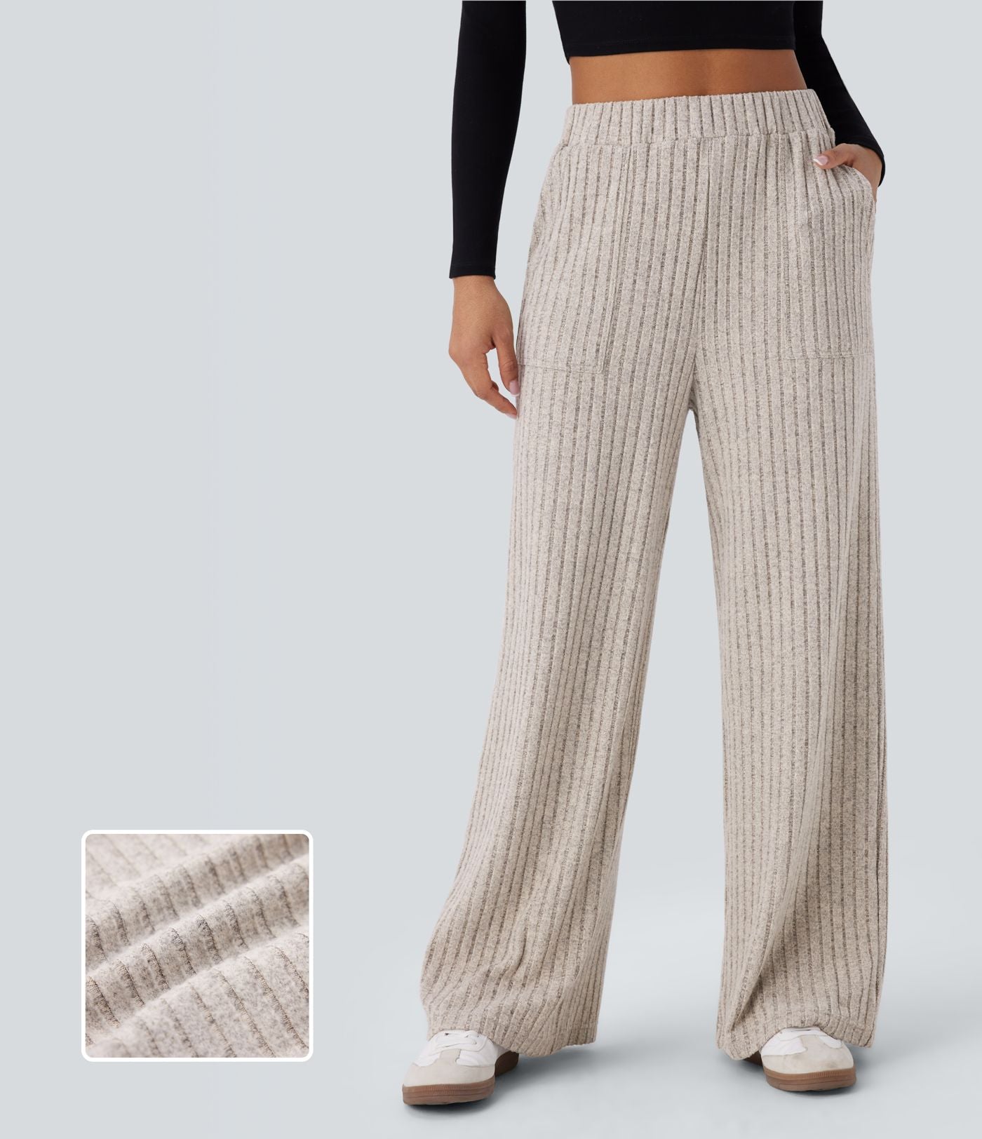 Pantalon large décontracté côtelé taille haute avec poches multiples