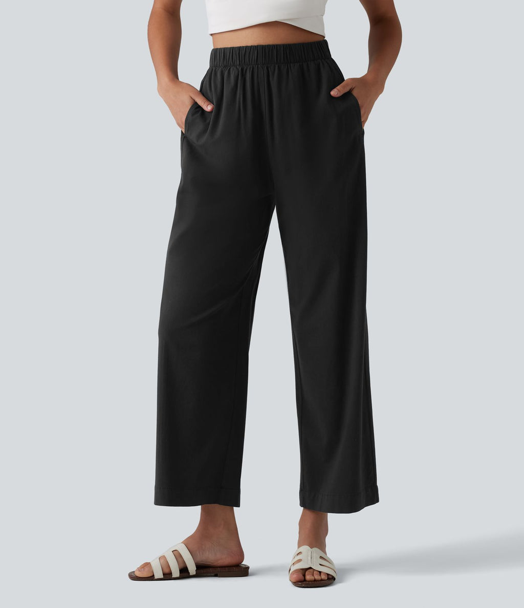 Pantalon casual 7/8 aspect lin stretch coupe droite taille haute avec poches