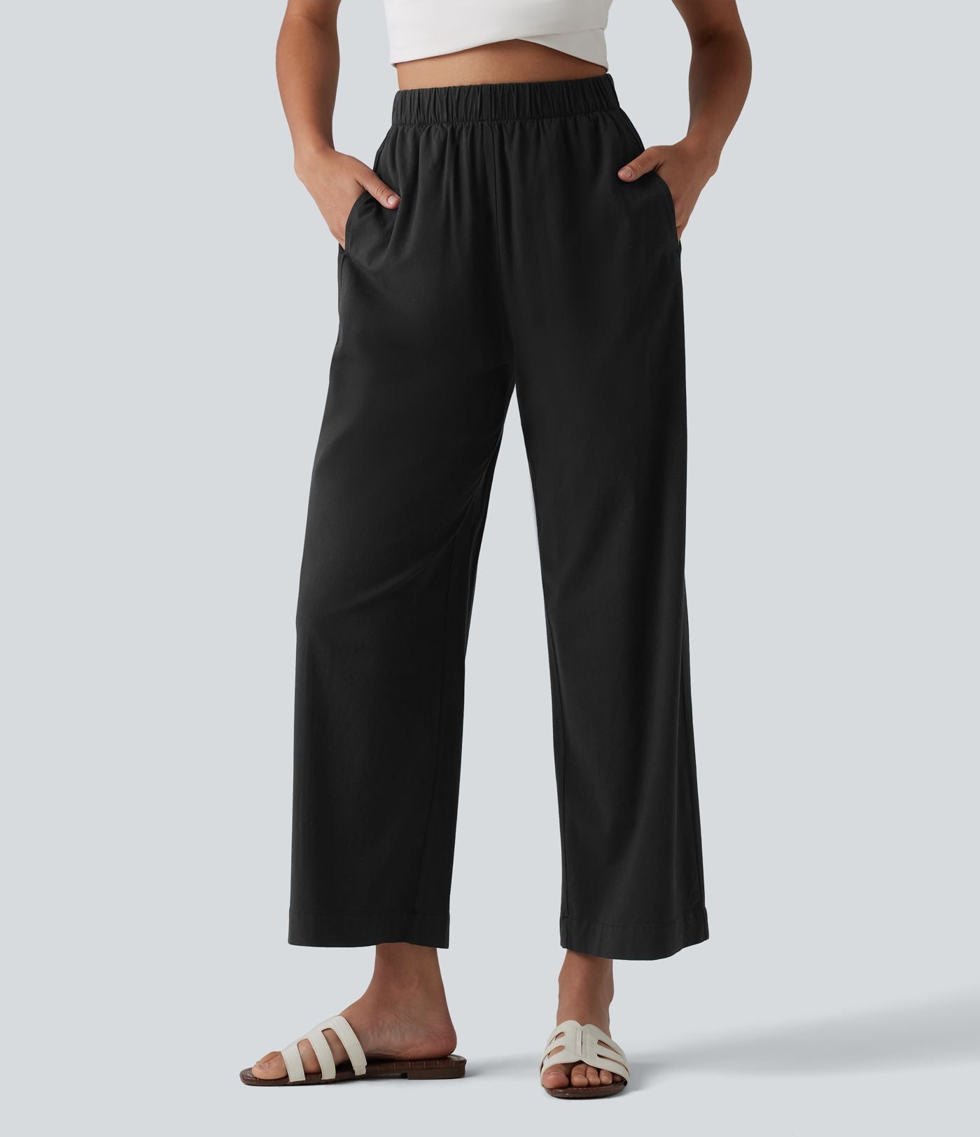 Pantalon casual 7/8 aspect lin stretch coupe droite taille haute avec poches