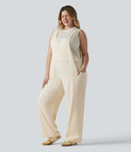 Salopette décontractée Halara Flex™ grande taille en maille denim extensible délavée col V avec poches