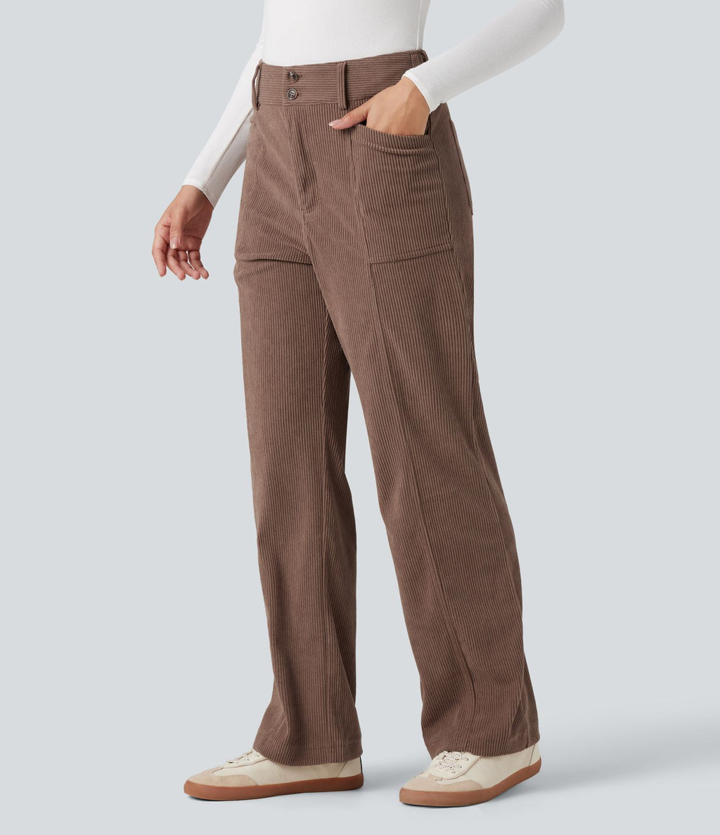 Pantalon décontracté droit taille haute en velours côtelé avec poches