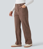 Pantalon décontracté droit taille haute en velours côtelé avec poches
