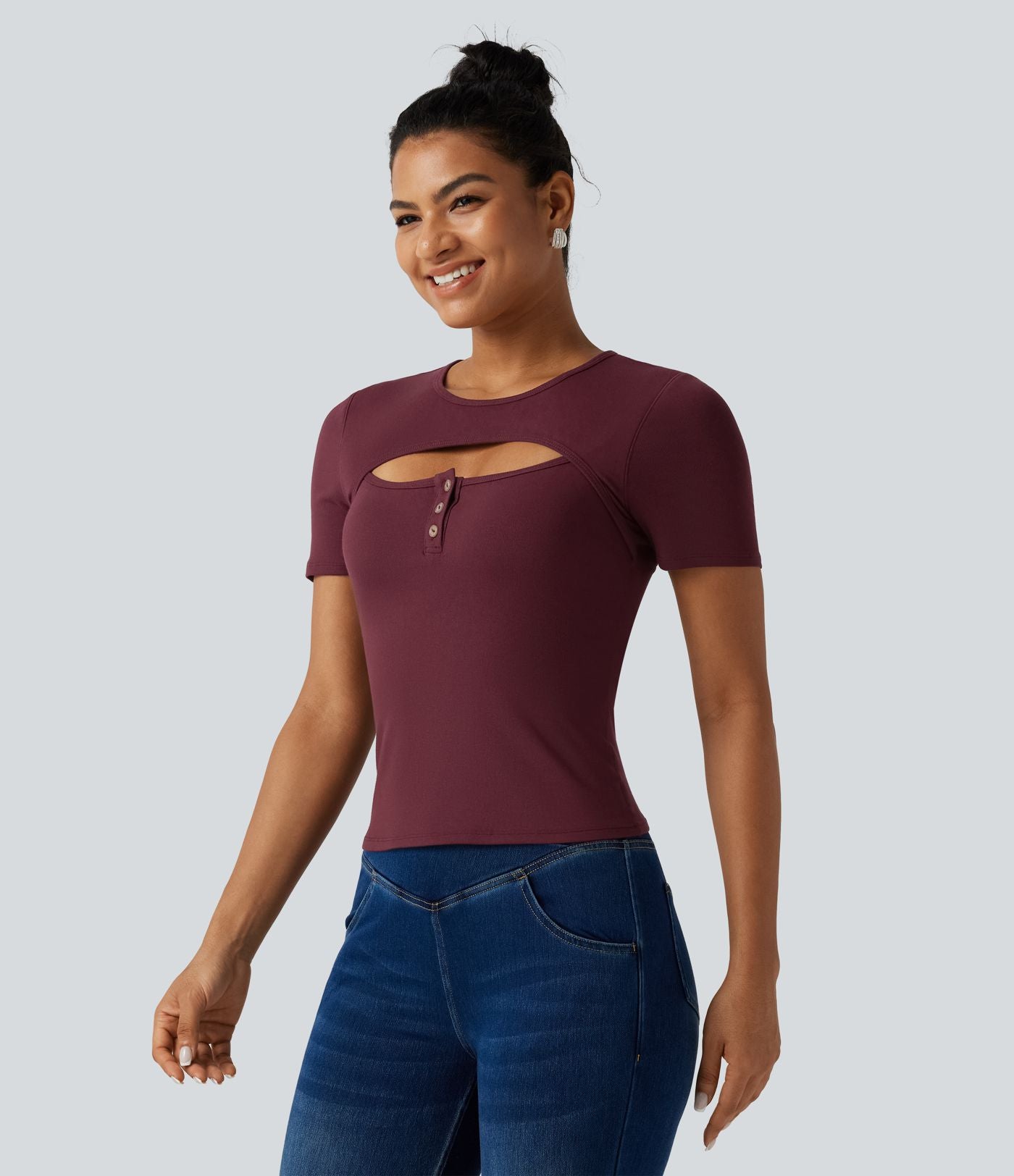 T-shirt en maille côtelée à col rond avec découpe et maintien intégré