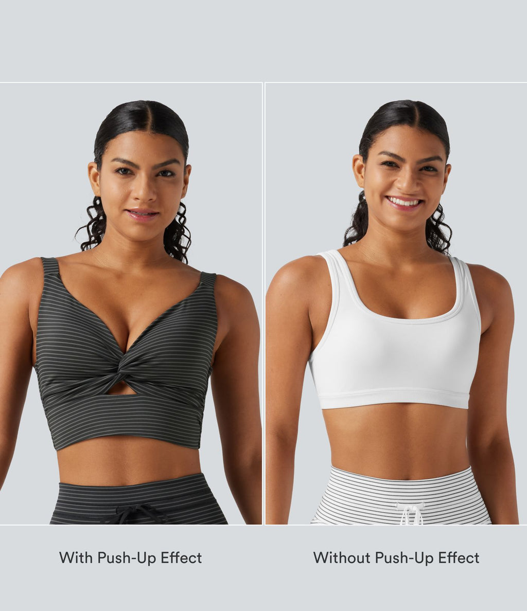 Brassière de sport push-up rayée à maintien léger, avec coussinets fixes, idéale pour le yoga.