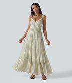 Robe longue fluide à rayures et col en V