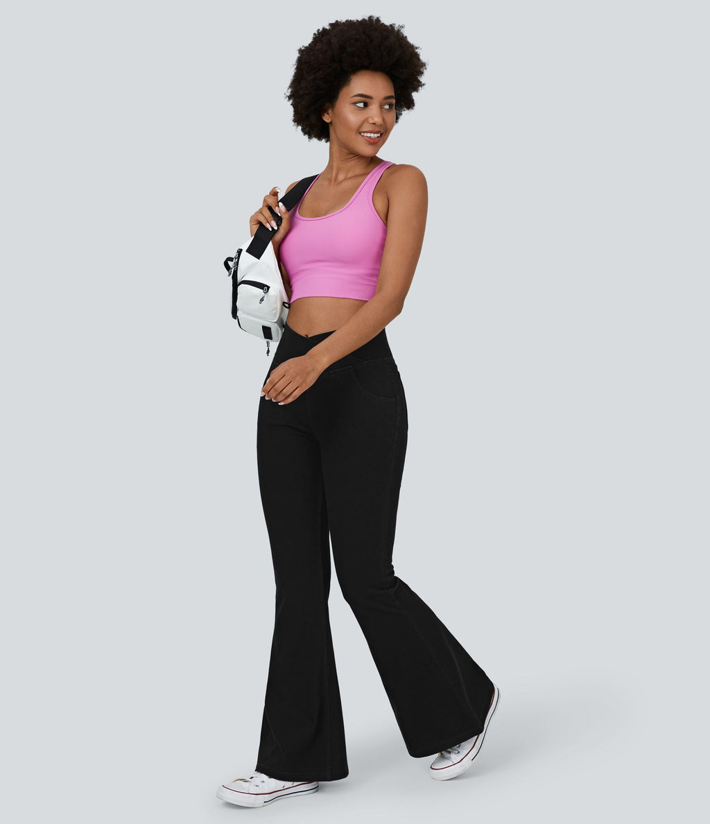 Halara Flex™ - Jean Ultra Evasé Tricot Extensible Lavé Poches Croisées Taille Haute