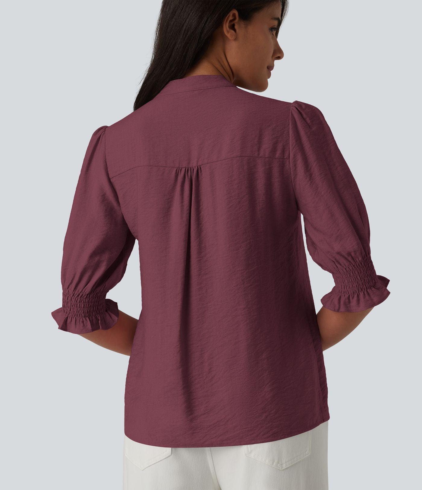 Blouse décontractée à col en V et manches courtes bouffantes
