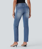 Jean décontracté Halara Flex™ taille basse à jambes droites avec bouton, fermeture éclair, multiples poches, effet délavé en maille extensible