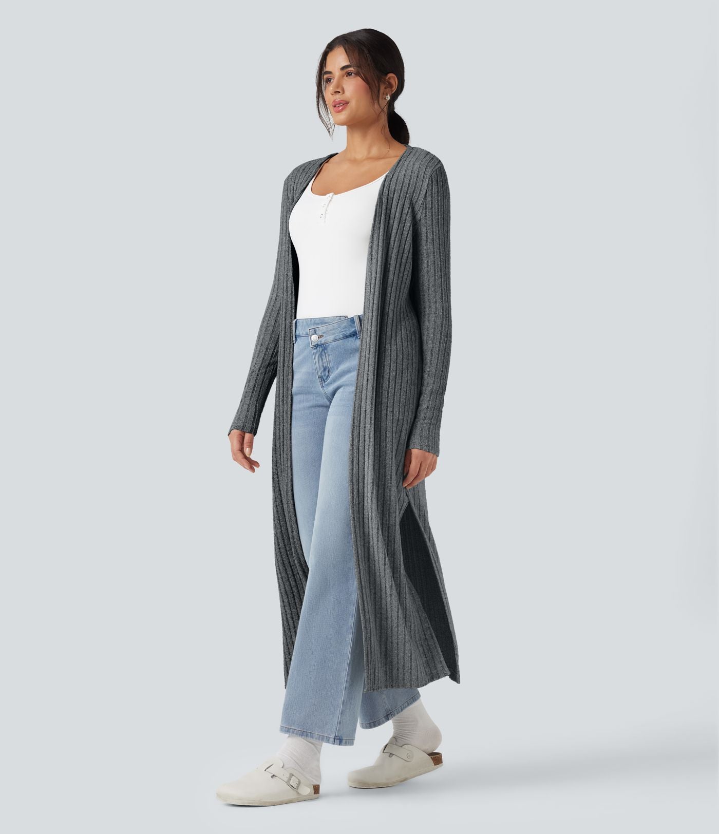 Manteau long décontracté maille côtelée manches longues avec fente
